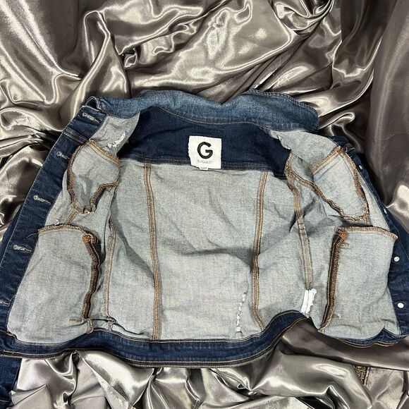 G By Guess Cropped Stretch Denim Jean Jacket Size S Holes Button Down Pockets - Picture 7 of 11
